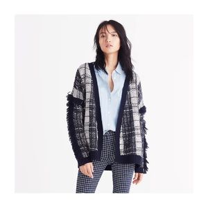 Madewell Plaid Navy Fringe Cardigan Sweater